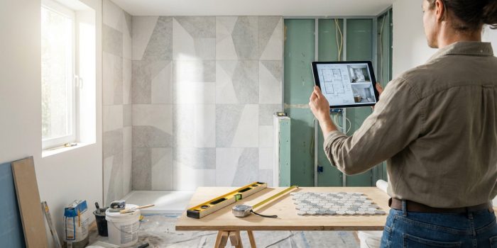 Un homme examine les plans de sa salle de bain sur une tablette. La pièce est en cours de rénovation, avec des murs carrelés, des outils et des matériaux de construction.